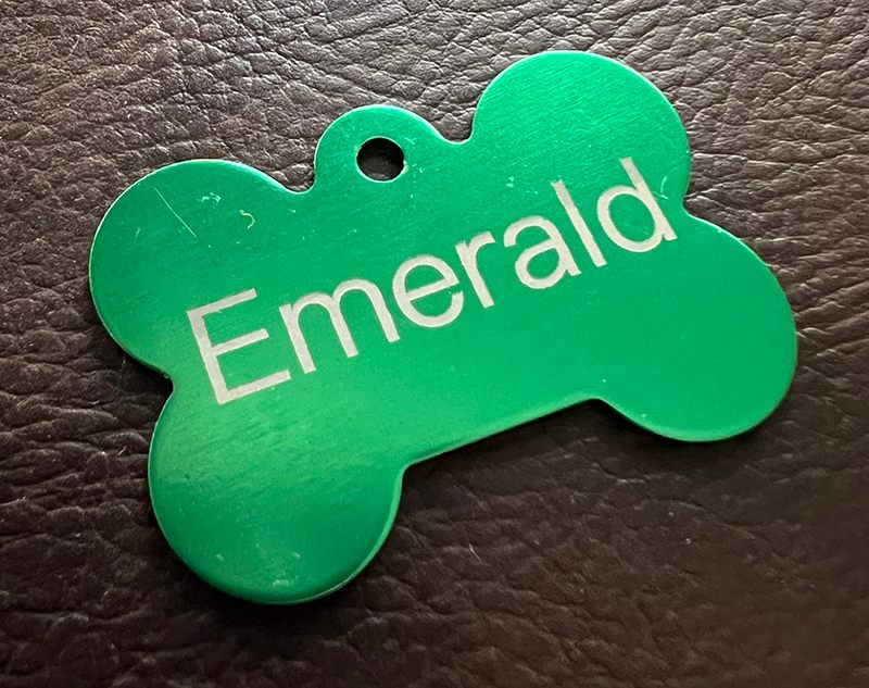 Front of an engraved green bone-shaped pet ID tag reading Emerald